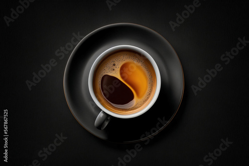 A cup of coffee with an unusually beautiful crema. On a black background. View from above. Generative AI.