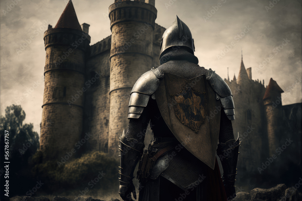 armored medieval knight in front of a beautiful castle, medieval ...