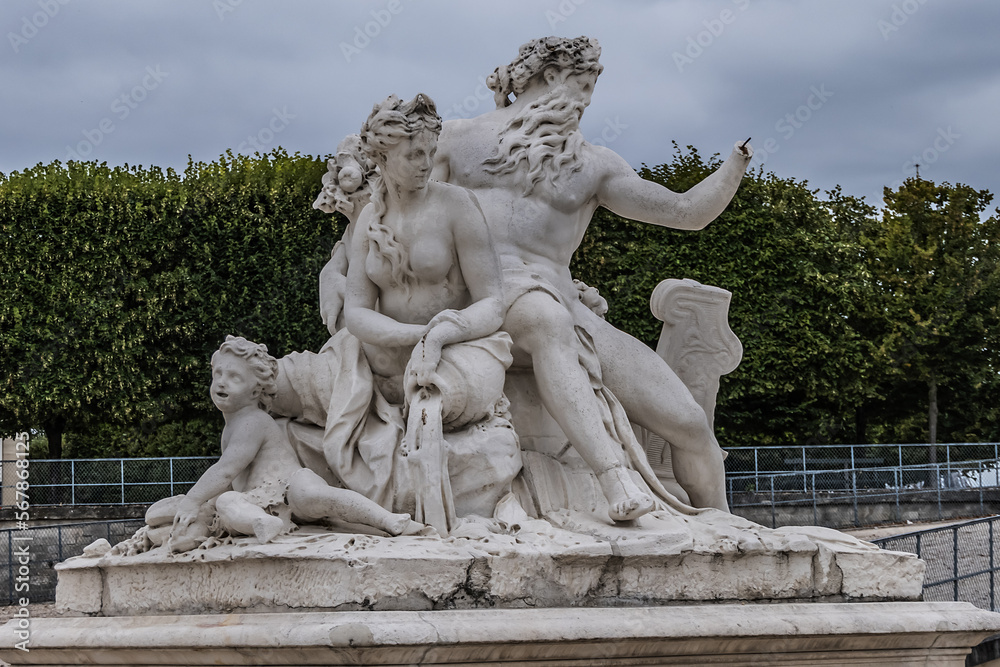 The ancient Sculpture in Paris Jardin des Tuileries (Tuileries garden). Garden was created by Catherine de Medici in 1564. Paris, France.