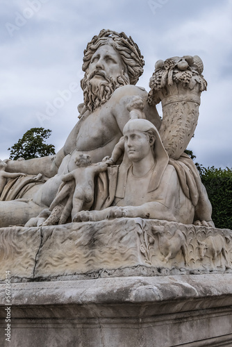 The ancient Sculpture in Paris Jardin des Tuileries (Tuileries garden). Garden was created by Catherine de Medici in 1564. Paris, France.