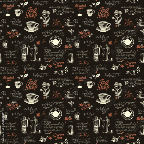 Seamless pattern on the theme of tea and tea shop with sketches, inscriptions and handwritten text lorem ipsum. Vector abstract background with hand-drawn herbs. Wallpaper, wrapping paper, fabric