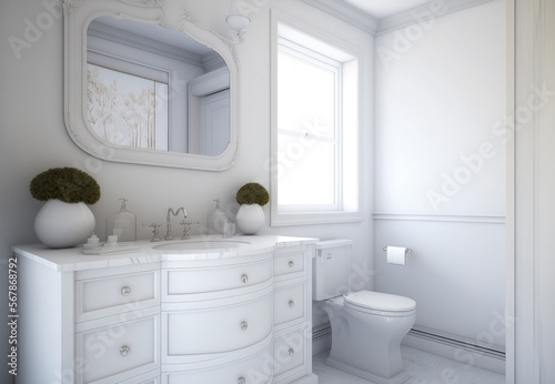 White bathroom interior with a dresser and toilet bowl. Generative AI