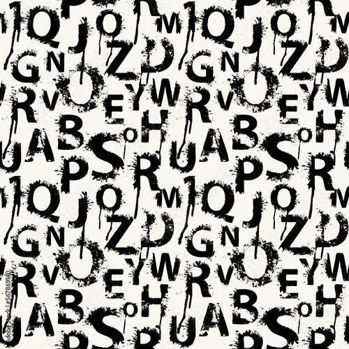 Seamless pattern with alphabet letters in form of colored paint splashes and blots. Abstract vector background with latin letters. Suitable for wallpaper, wrapping paper or fabric