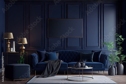 Mock up frame in interior background, dark blue colors created with AI