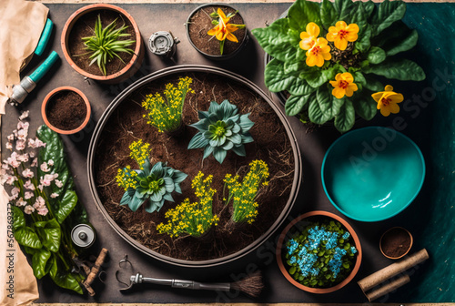 flat lay plants in flower pots growing and repotting. Generative AI