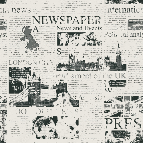 Vector seamless pattern with UK or London newspaper. Page of newspaper or magazine with headings, illustrations and unreadable text. Can be used as wallpaper, wrapping paper or fabric