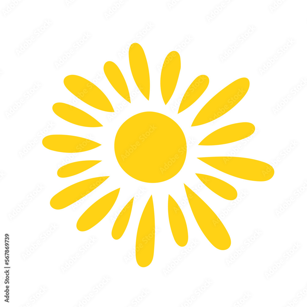 Simple yellow sun vector flat illustration with round shape middle, cute summer image for making cards, decor, vacation concept and holiday and summertime design for children Simple yellow sun vector flat illustration with round shape middle, cute summer image for making cards, decor, vacation concept and holiday and summertime design for children