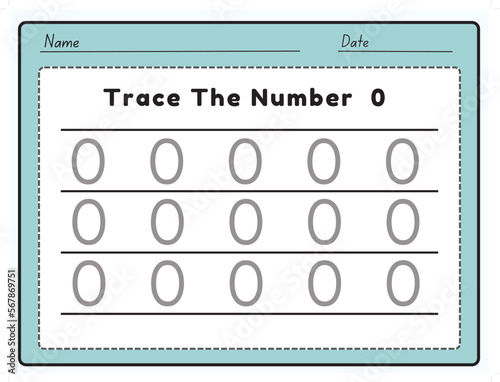 The trace line number for kindergarten and preschool kids. Write a zero. Vector illustration
