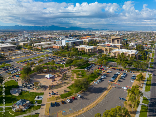 Arizona State Capitol, State Senate, House of Representatives building and Wesley Bolin Memorial Plaza aerial view in city of Phoenix, Arizona AZ, USA. 