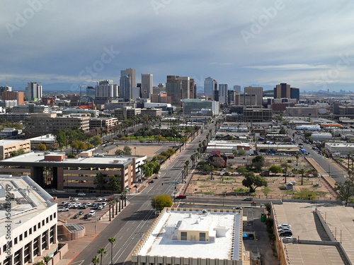 Phoenix downtown skyscrapers skyline aerial view on Washington Street from Capitol in city of Phoenix, Arizona AZ, USA. 