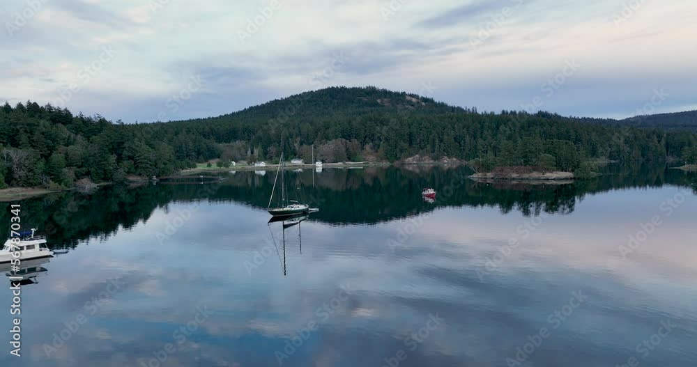 Views in San Juan Island WA USA Coastline Anchored Boats Calm Waters