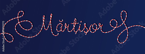 Martisor lettering with striped string red and white. Martenitsa symbol of spring. Romanian and Moldavian March talisman. Holiday background, poster Vector illustration
