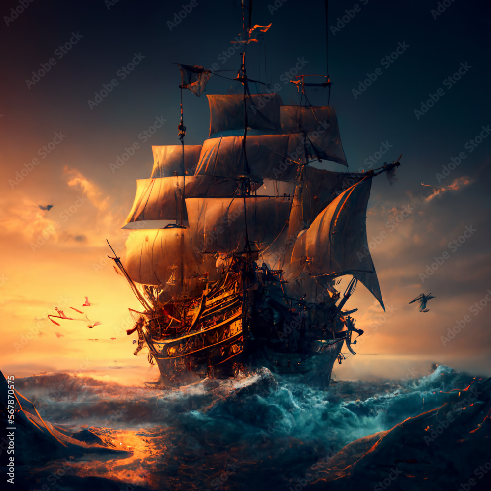 A huge warship with white sails sailing in a storm, in a fantasy style. Pirates, privateers, sea, sailors, long voyage, high resolution, illustrations, art. AI