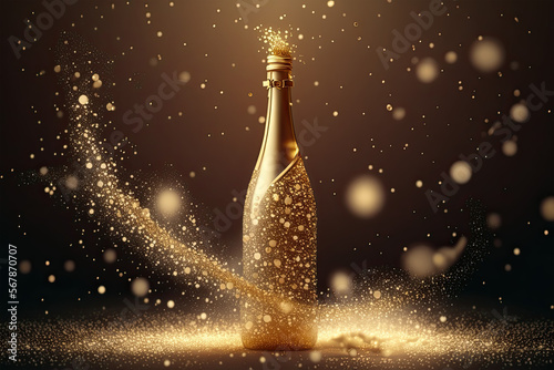 Creative Christmas and New Year background with golden champagne bottle, party decorations, confetti stars, champagne, bottle, wine, drink, glass, alcohol, party, celebration, cork, christmas, new, 