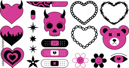 Vector set of elements in n2d style, kawaii emo illustration black and pink photo
