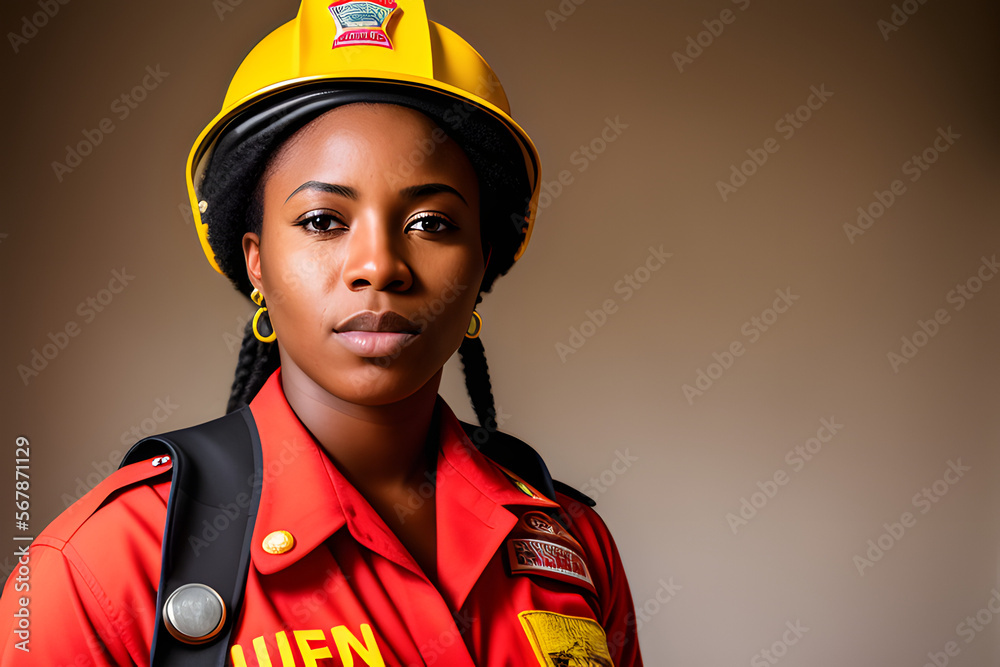 a portrait photo of a African female Firefighter in outfit - Generative AI, fictitious person a portrait photo of a African female Firefighter in outfit - Generative AI, fictitious person