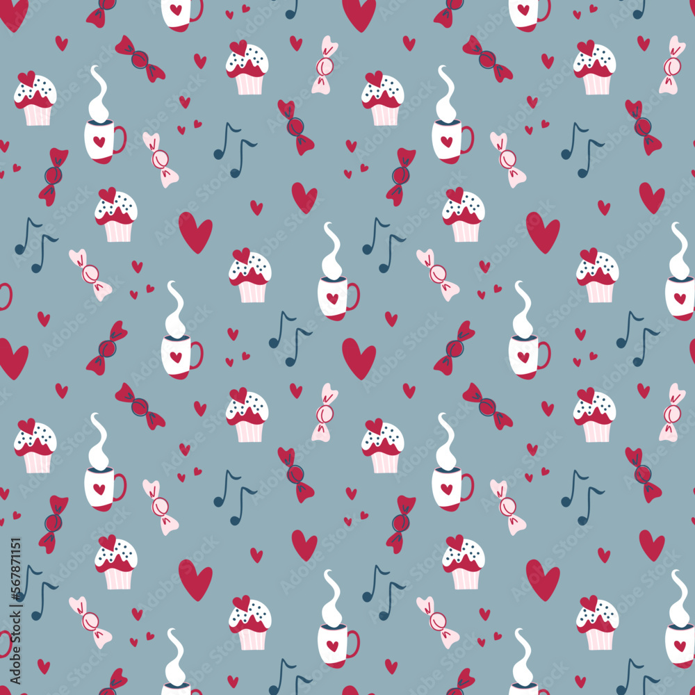 Valentine's day pattern. Endless ornament with love symbols on blue background. Romantic print. Vector illustration in retro colors.
