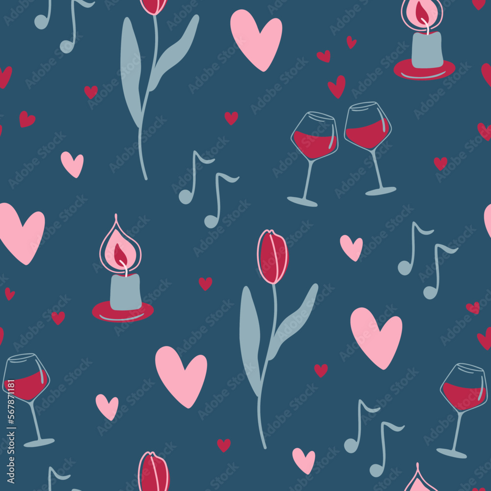 Valentine's day pattern. Endless ornament with love symbols on dark blue background. Romantic print. Vector illustration. Valentine's day pattern. Endless ornament with love symbols on dark blue background. Romantic print. Vector illustration.