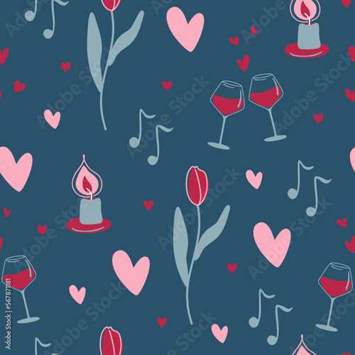 Valentine's day pattern. Endless ornament with love symbols on dark blue background. Romantic print. Vector illustration.