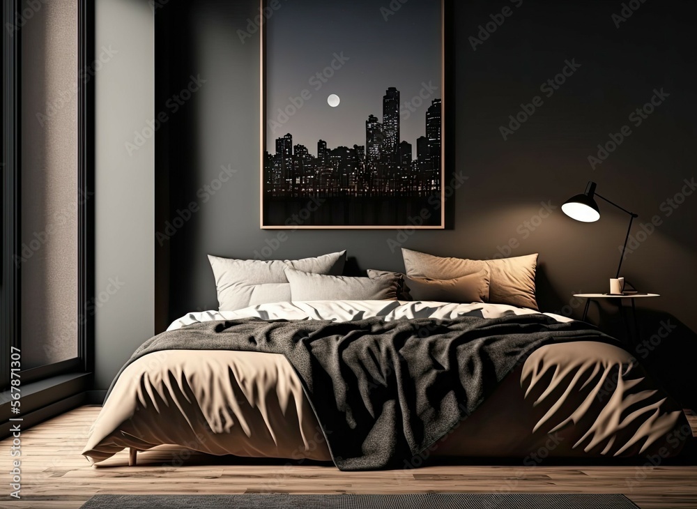 Bed with beige sheets and cushions, side view, dark bedroom décor ...