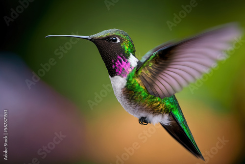 Fly detail, wing motion. Hummingbird, White bellied Woodstar, with a bright green background. Tandayapa, Ecuador born bird Hummingbird in flight in a tropical forest. Generative AI photo