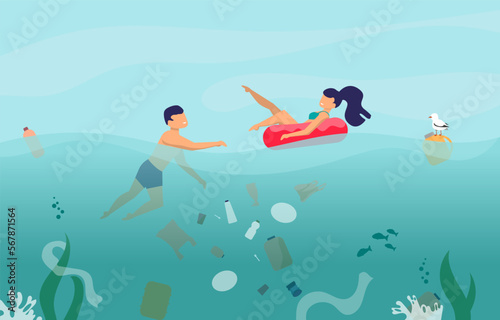 a man and a woman swim in the sea among the garbage illustration 