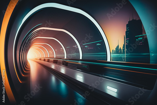 Fotótapéta A sleek and smooth futuristic subway tunnel, Generative AI
