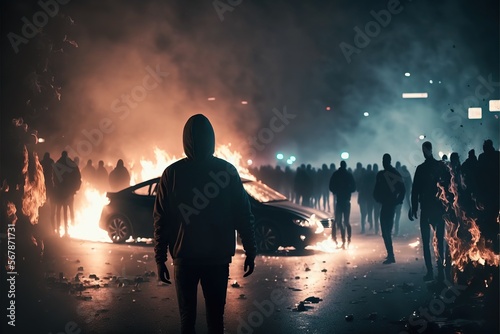 Created with Generative AI technology. Street riots and showdowns at night. A crowd of people destroys the streets and cars. The uprising of the discontented population photo