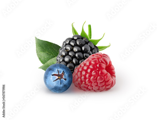 Isolated beries. Blueberry, blackberry, raspberry fruits isolated on white background with clipping path