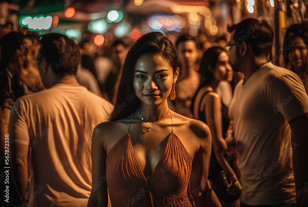 an attractive young woman in an Asian fictional country in an evening dress, seductively going out or getting to know, a large crowd in a street or bar or a fictional tourist spot. Generative AI