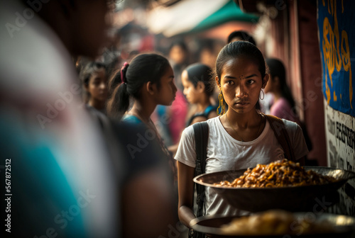 shocked or surprised facial expression of a local street vendor street food with local food, street market in Bali or Thailand or similar, fictitious persons and place. Generative AI photo