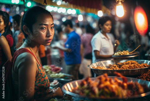 local street vendor street food with local food on a night market, street market in Bali or Thailand or similar, fictitious persons and place. Generative AI