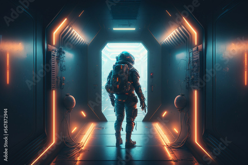 astronaut in a spaceship corridor with Neon Sci Fi. Generative AI © wellyans