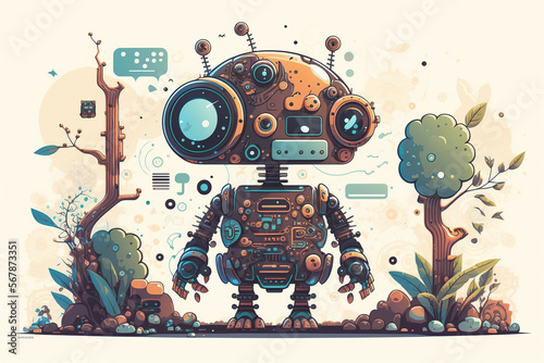Robot Cartoon Vector, cute robot character, AI, Artificial intelligence, illustration, graphic art, drawing, adorable, kids, boys, cheerful, colorful, abstract, technology, brown robot, poster, print