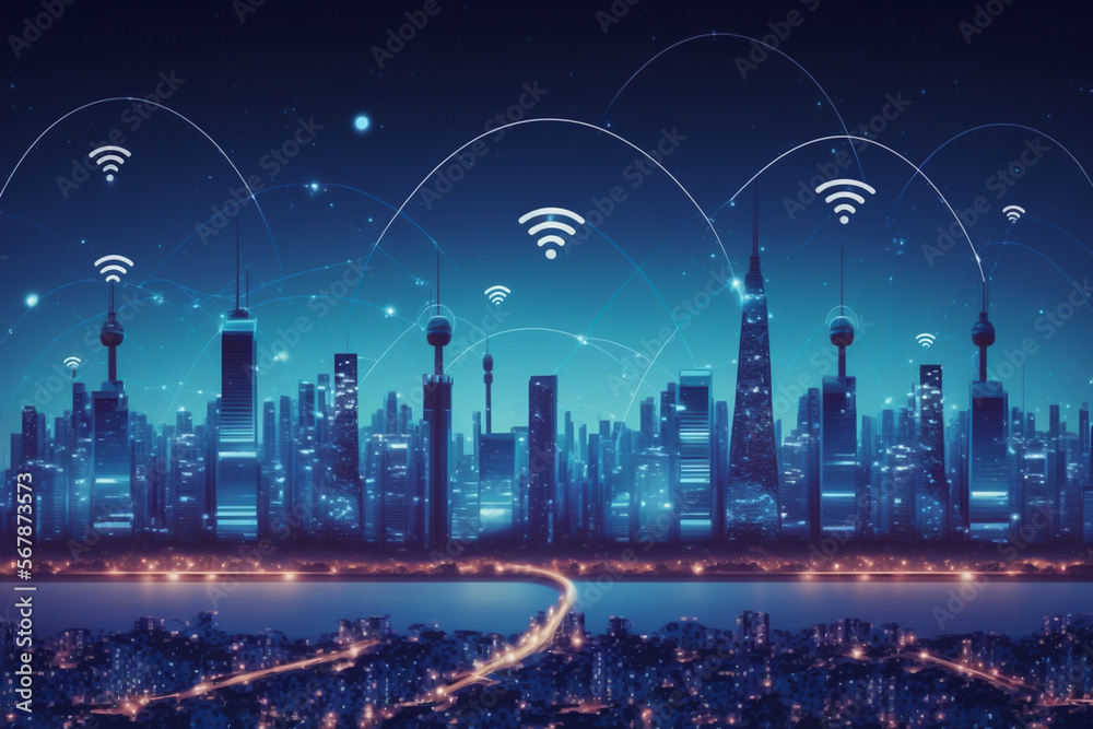 Telecommunication connections above smart city. Futuristic cityscape concept for internet of things (IoT), fintech, blockchain, 5G network, wifi hotspot access, cyber security, digital technology, AI