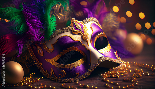 Mardi gras carnival mask with feathers. Generative AI illustration