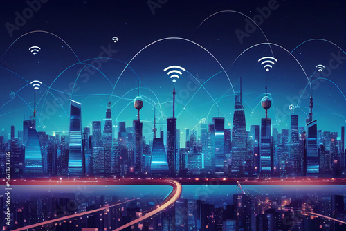 Telecommunication connections above smart city. Futuristic cityscape concept for internet of things  IoT   fintech  blockchain  5G network  wifi hotspot access  cyber security  digital technology  AI