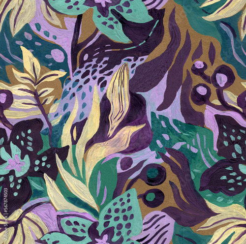 Abstract hand drawn seamless illustration with natural tropical forest floral motif. Artistic botanical elements with bright acrylic paint texture on craft paper. 