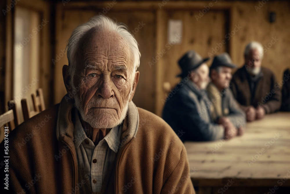an old thoughtful or sad man close-up, fictional person in fictional place. Generative AI an old thoughtful or sad man close-up, fictional person in fictional place. Generative AI
