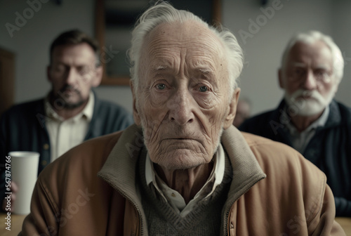 an old thoughtful or sad man close-up, fictional person in fictional place. Generative AI