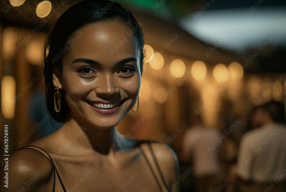 a beautiful young woman at the evening at a night market or in a club or bar or similar, smiling happy girl flirting, fictional person or place such as Thailand or Bali. Generative AI