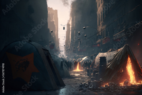Tents on a side street in a dirty city, fictional place. Generative AI