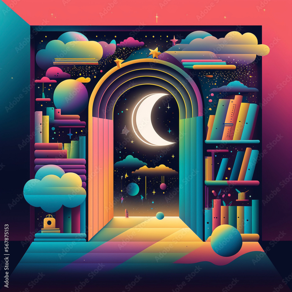 Neon Colorful Magical Library in Space, Door, Arch