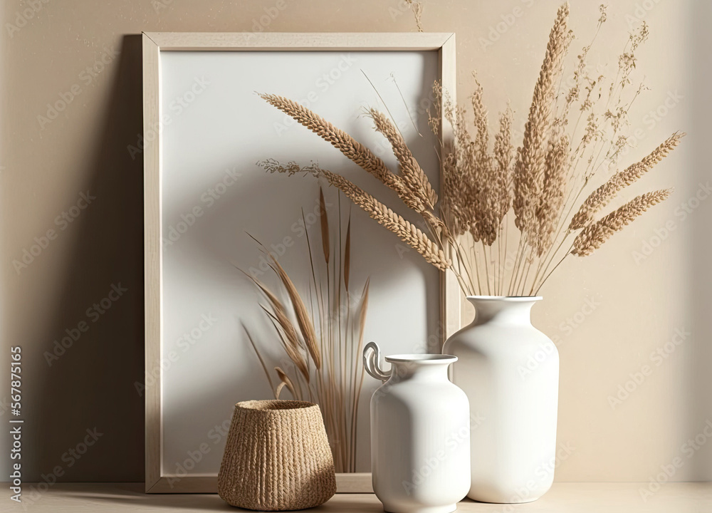mock up of a frame on a beige table with contemporary beige ceramic vases on a tray of dry grass. neutral hue. Poster and picture frame close to a white wall. Scandinavian style decor. Copy space