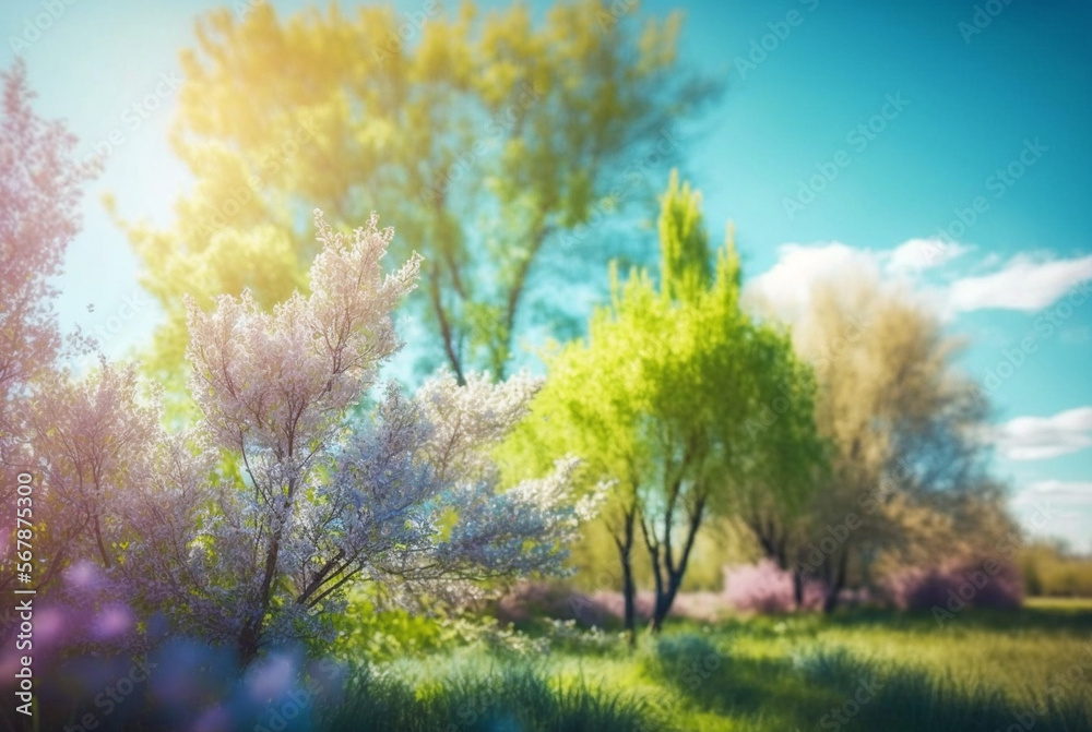 blurred spring background nature with blooming glade, trees and blue sky on a sunny day. Generative AI