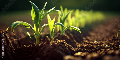 cultivated corn field, earth day concept, plant in the ground, green world, generative ai