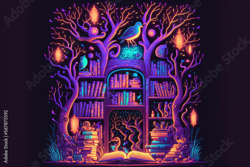 Neon Colorful Magical Library at Night Generative AI