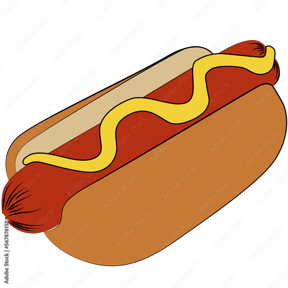 hot dog with mustard food grilled or steamed sausage served in the slit of a partially sliced bun fast food, junk food. sausage in a bun food illustration, graphic hot dog with mustard food grilled or steamed sausage served in the slit of a partially sliced bun fast food, junk food. sausage in a bun food illustration, graphic