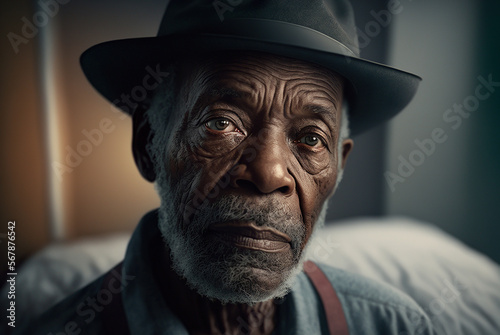 Black male pensioner, portrait in which he looks at the camera sadly. Ai generated.