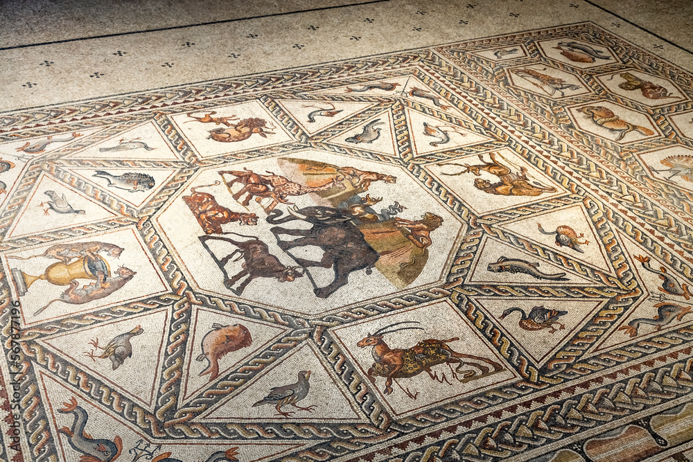 Fragment of Lod Mosaic, famous Roman mosaic floor in Lod town in Israel, displayed in Shelby White and Leon Levy Lod Mosaic Center. Mosaic depicts land animals, fish and two Roman ships.